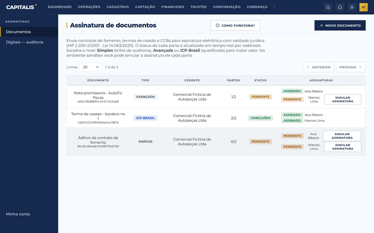 Tela real do módulo Assinaturas na plataforma Capitalis, com dados de demonstração.