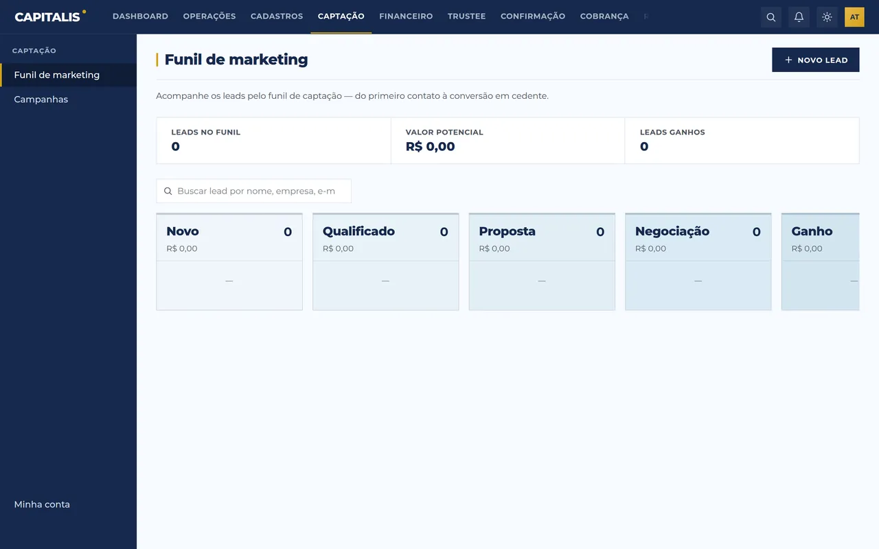 Tela real do módulo Funil em kanban na plataforma Capitalis, com dados de demonstração.