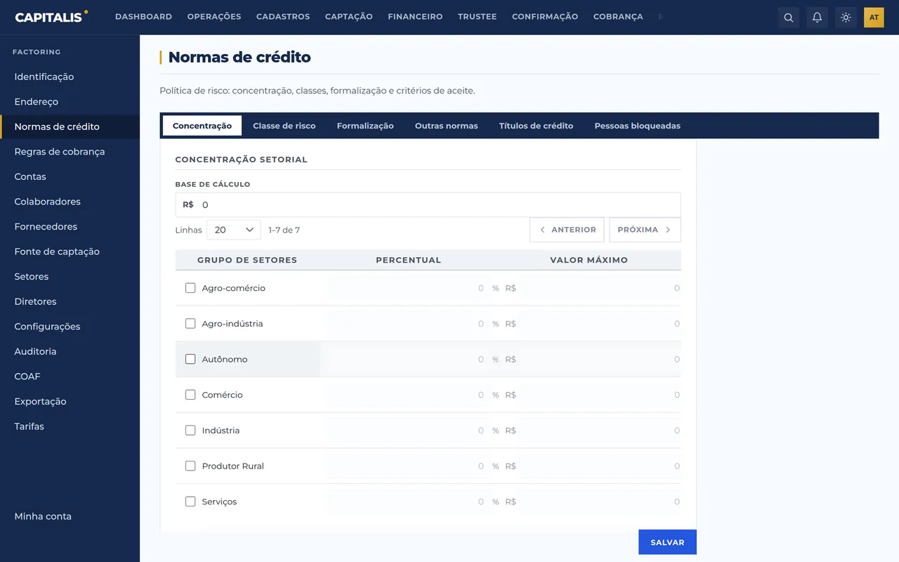 Tela real do módulo Configurações da factoring na plataforma Capitalis, com dados de demonstração.