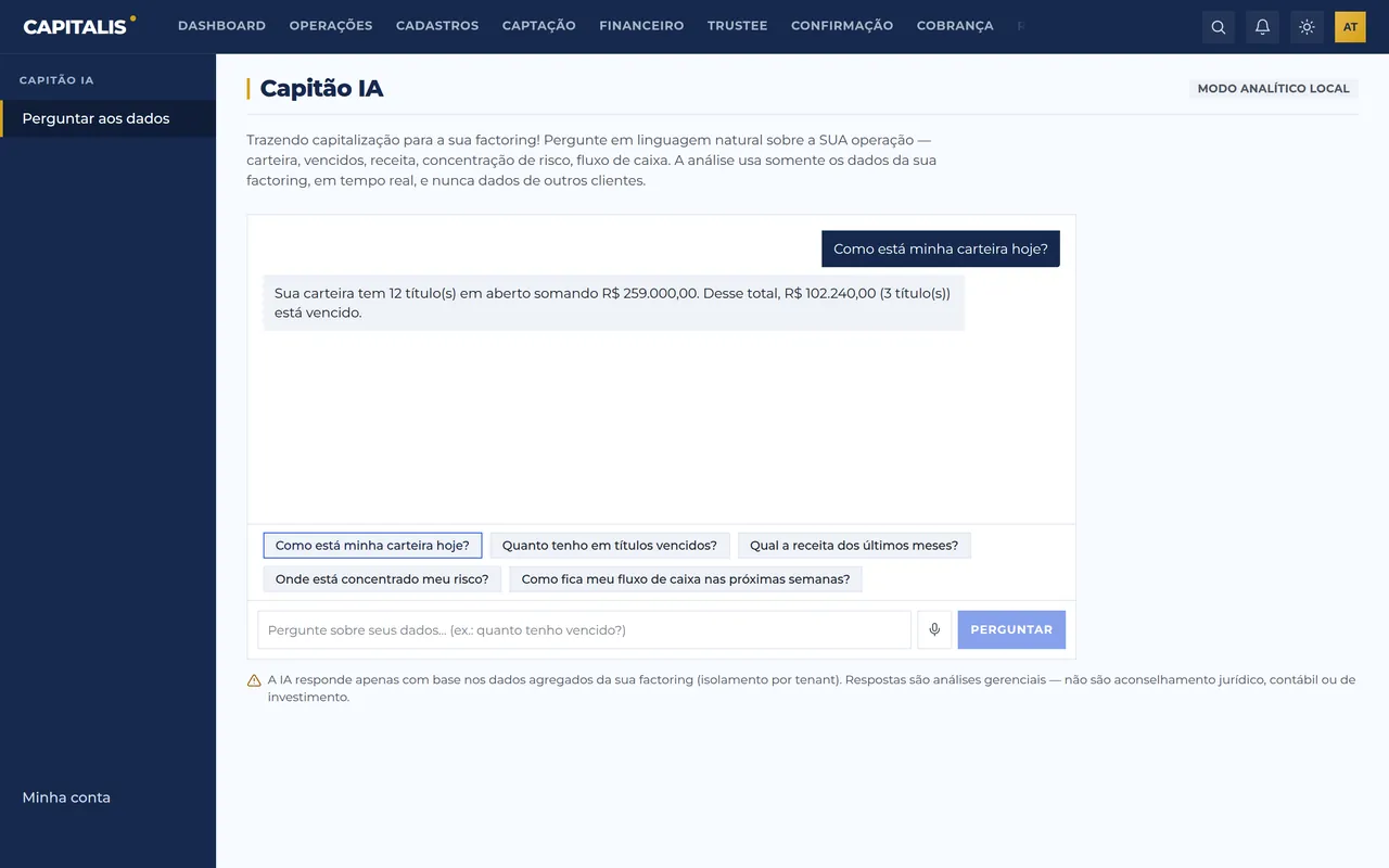Tela real do módulo Capitão IA na plataforma Capitalis, com dados de demonstração.