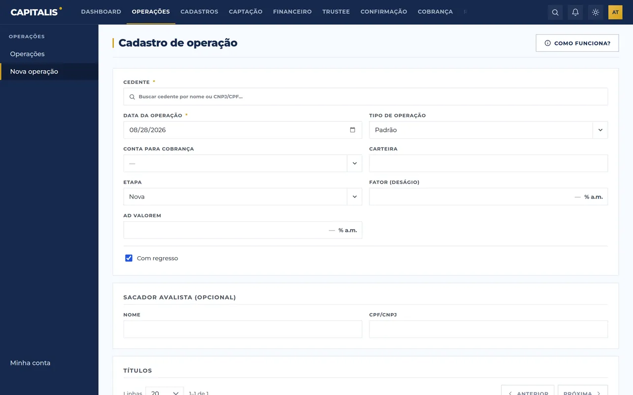Tela real do módulo Nova operação na plataforma Capitalis, com dados de demonstração.