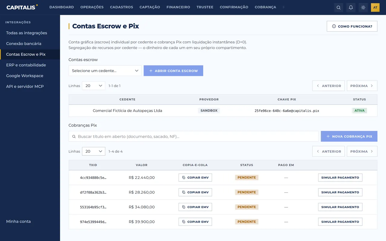 Tela real do módulo Pix e boleto na plataforma Capitalis, com dados de demonstração.